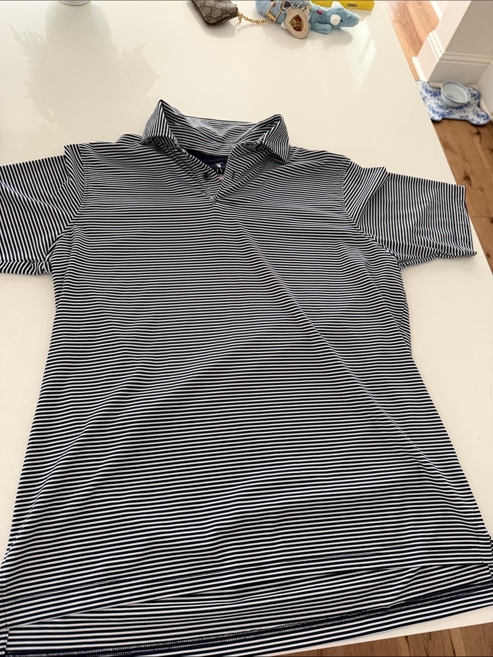 Men's Black and White Striped Polo Shirt small